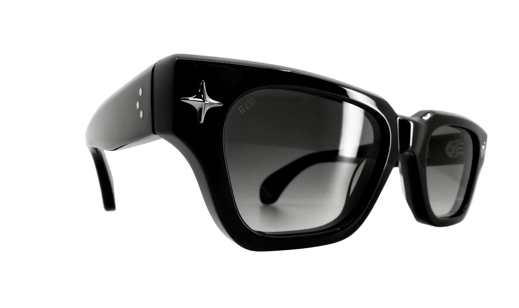 Black sunglasses with a reflective surface on a light gray background
