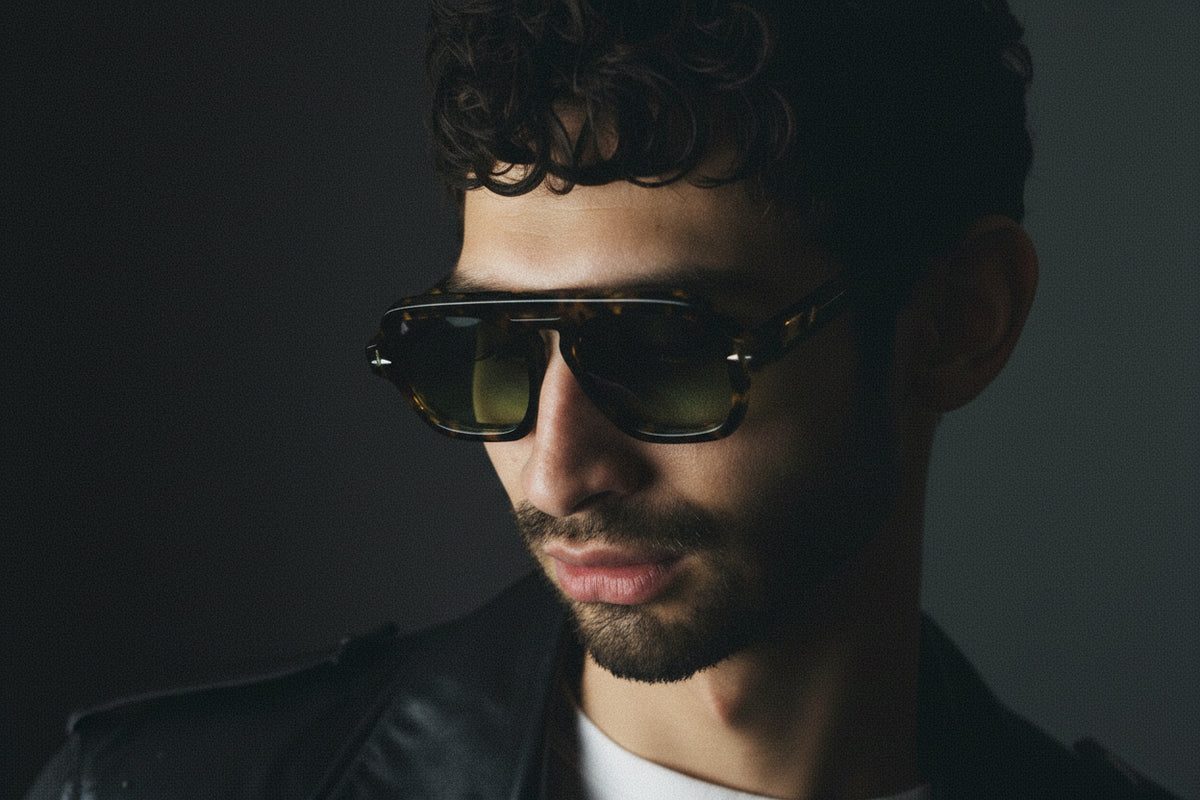 Man wearing sunglasses and a leather jacket against a plain background