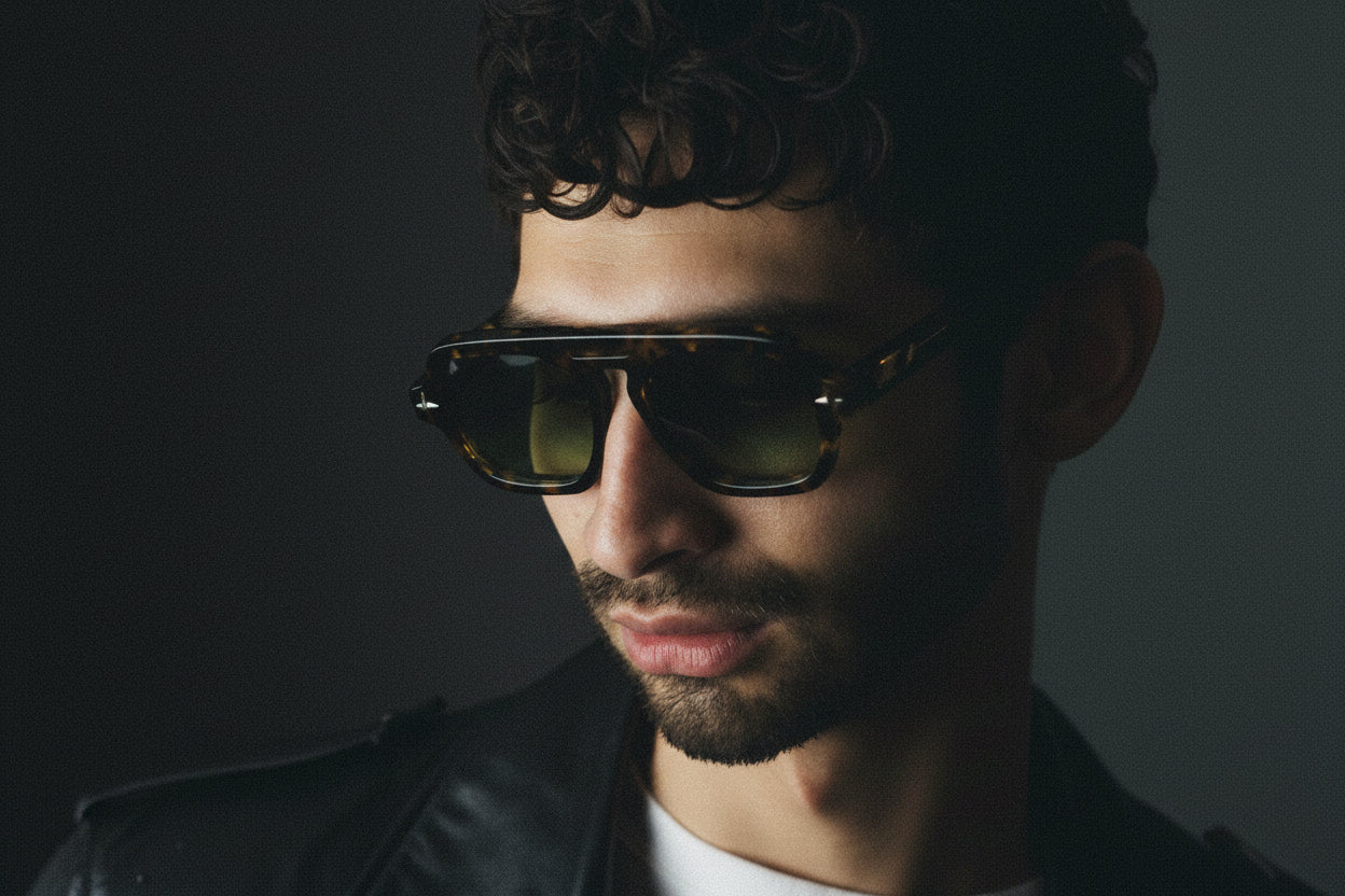 Man wearing sunglasses and a leather jacket against a plain background